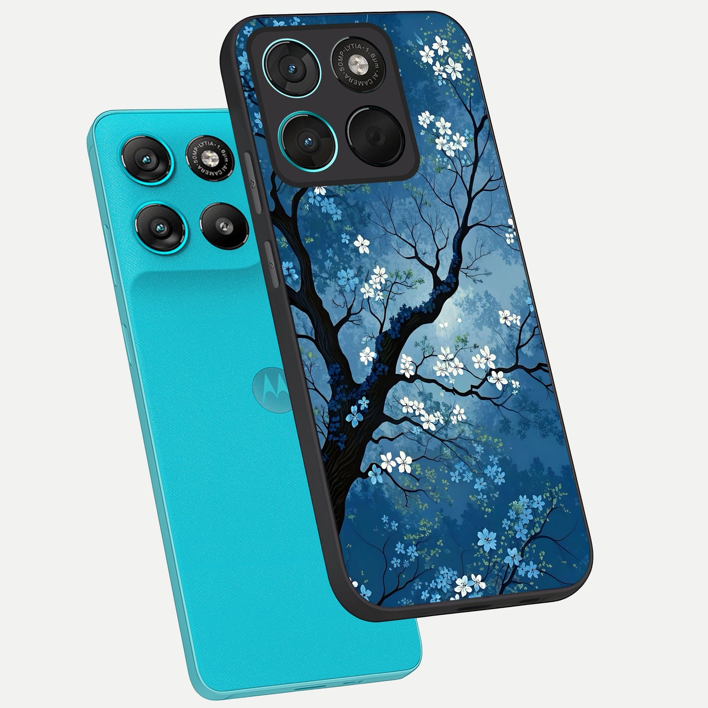  Blue Tree Serenity phone case For Moto G57 Power showing premium glass back cover with detailed artwork