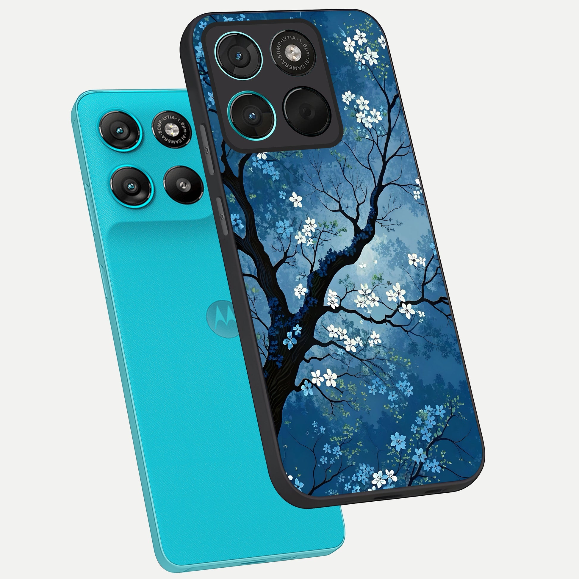  Blue Tree Serenity phone case For Moto G57 Power showing premium glass back cover with detailed artwork