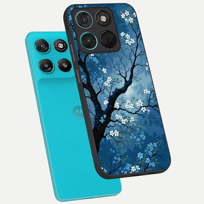  Blue Tree Serenity phone case For Moto G57 Power showing premium glass back cover with detailed artwork