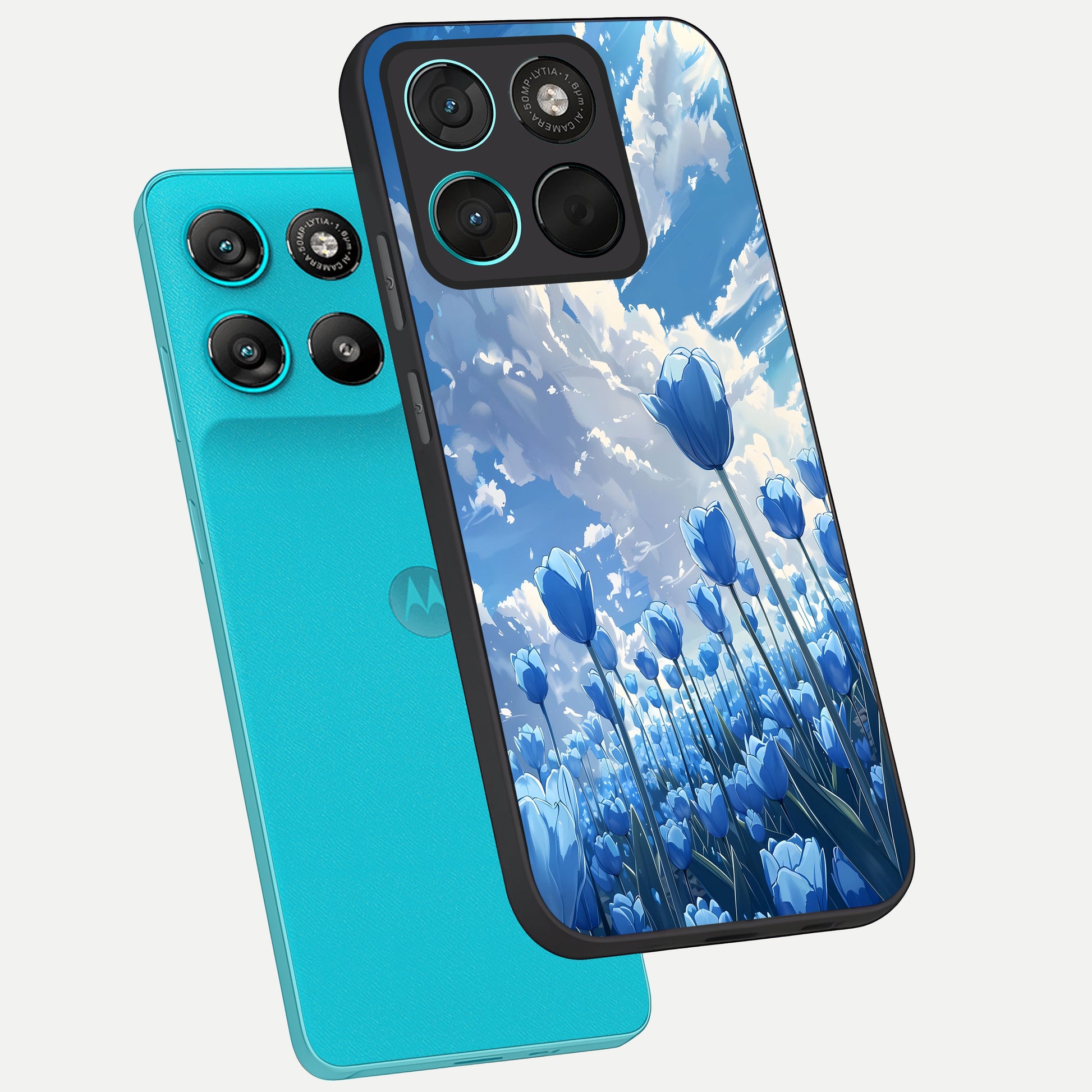  Blue Tulip Clouds phone case For Moto G57 Power showing premium glass back cover with detailed artwork