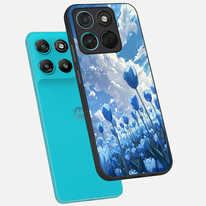  Blue Tulip Clouds phone case For Moto G57 Power showing premium glass back cover with detailed artwork