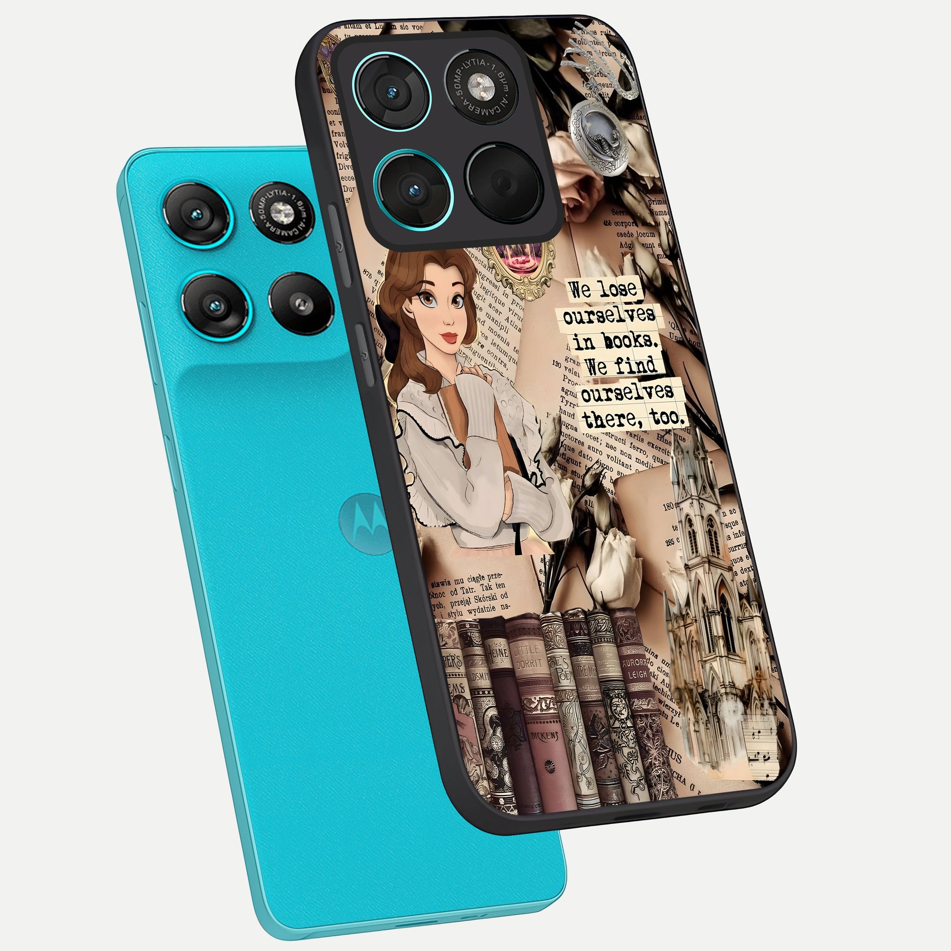  Bookish Dream World phone case For Moto G57 Power showing premium glass back cover with detailed artwork