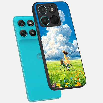  Breezy Meadow Ride phone case For Moto G57 Power showing premium glass back cover with detailed artwork