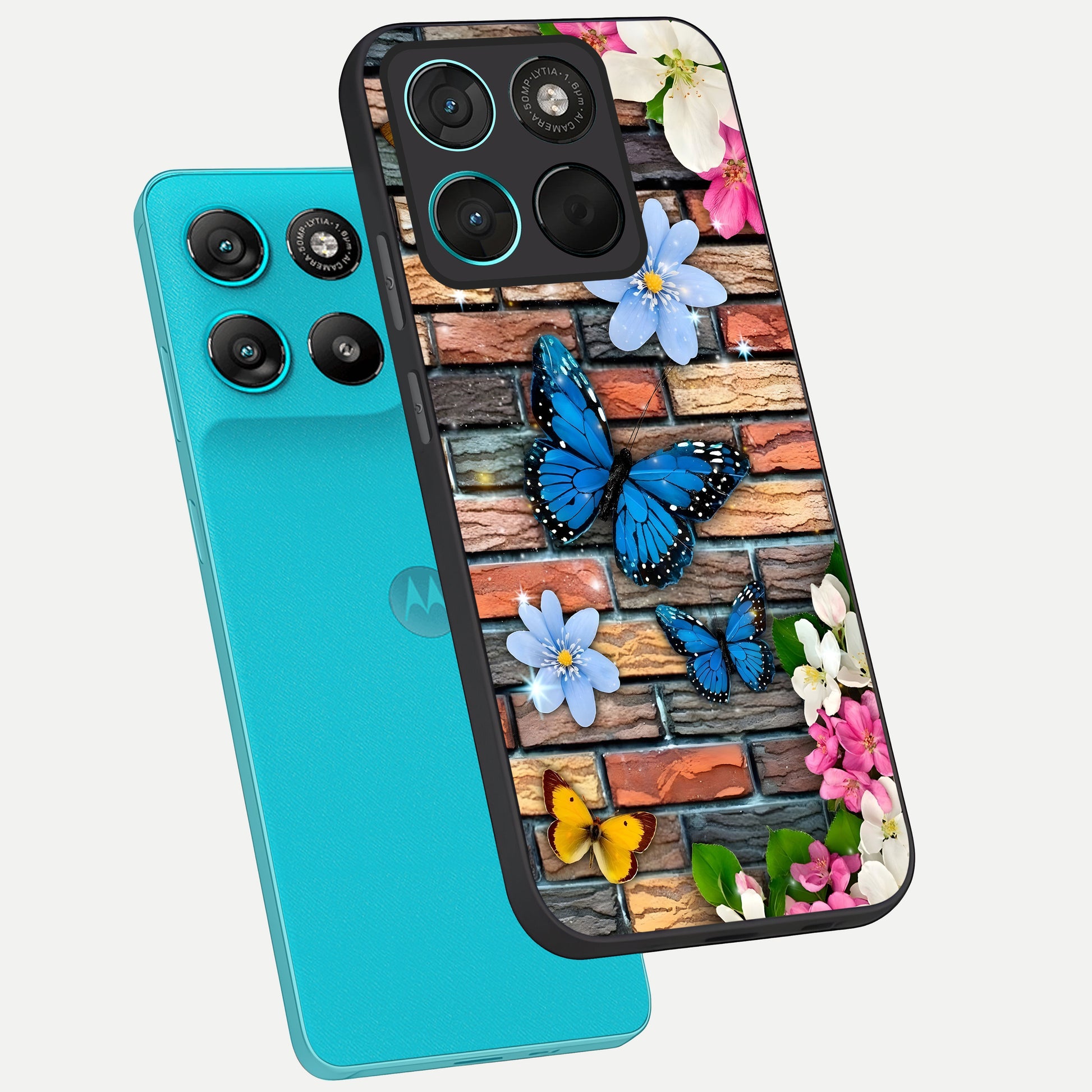  Brick Bloom Flight phone case For Moto G57 Power showing premium glass back cover with detailed artwork