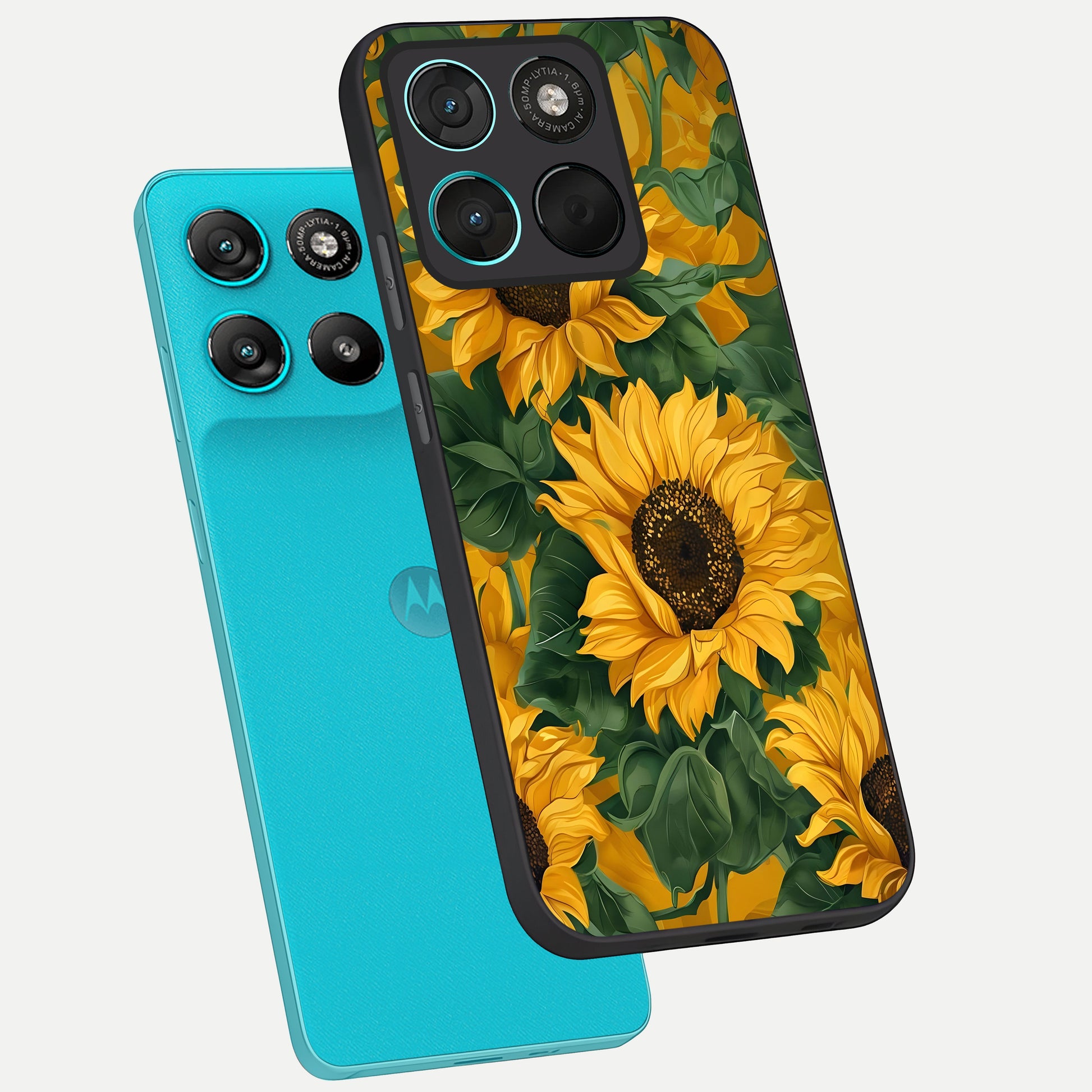  Bright Sunflower Bloom phone case For Moto G57 Power showing premium glass back cover with detailed artwork