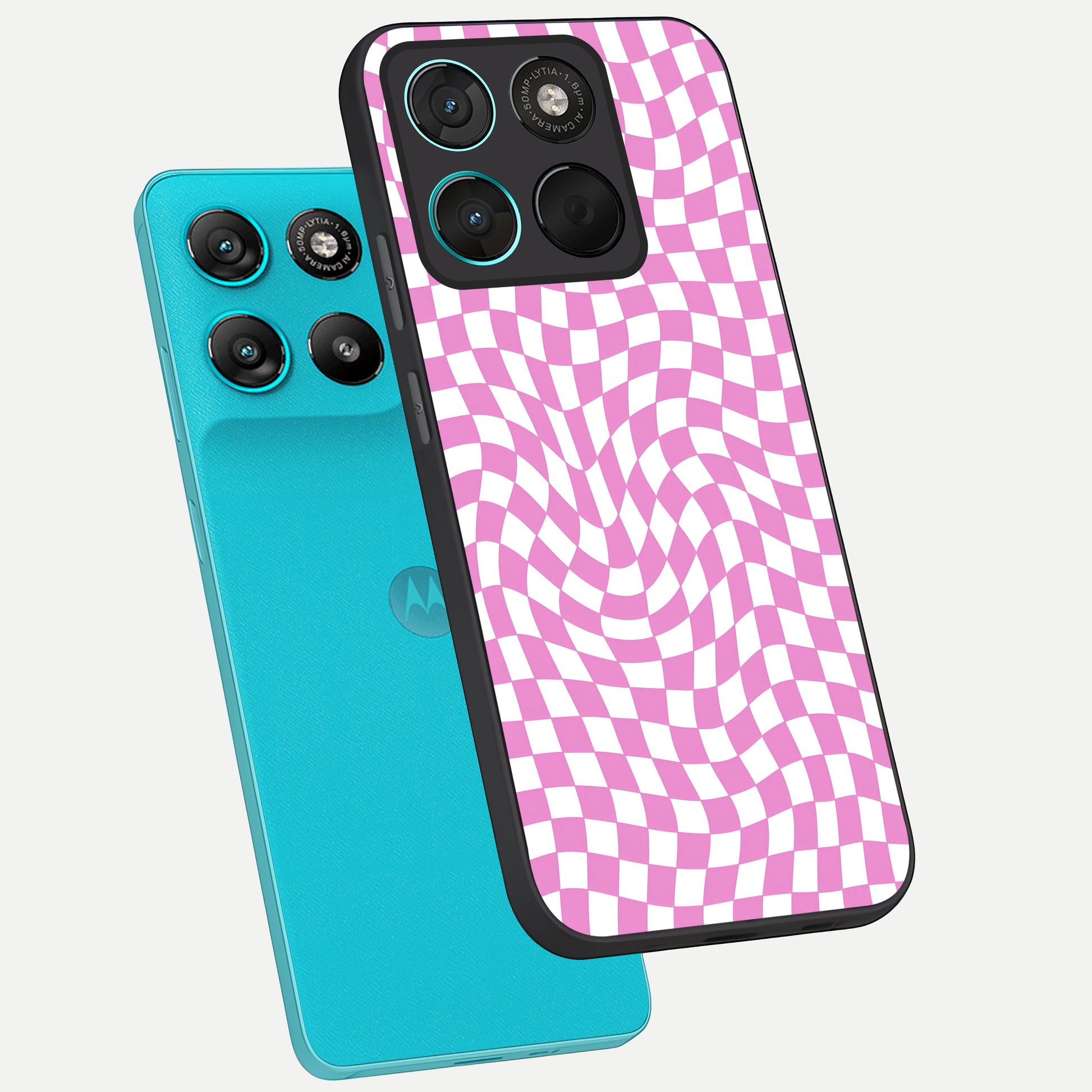  Bubblegum Check Wave phone case For Moto G57 Power showing premium glass back cover with detailed artwork