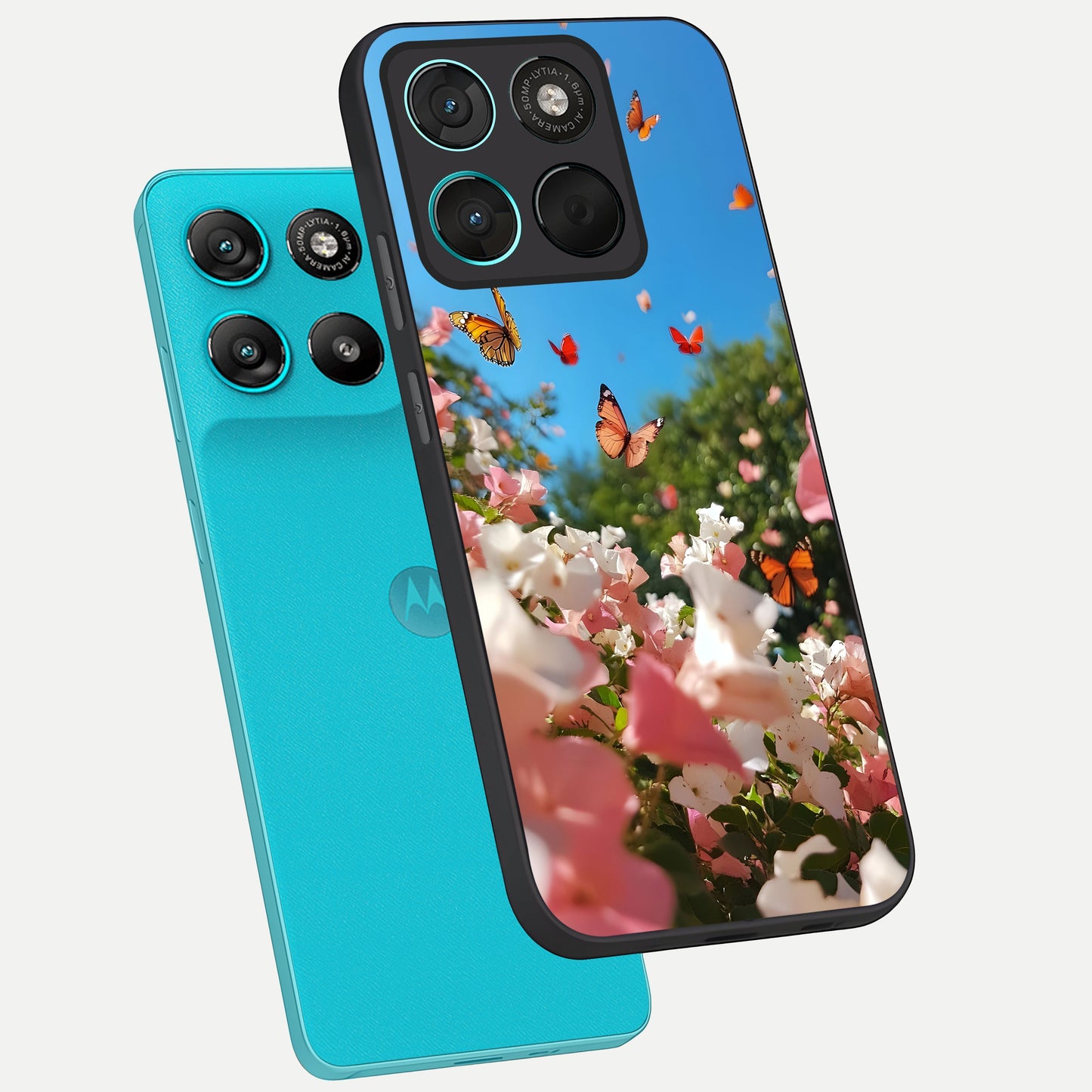  Butterflies In Bloom Sky phone case For Moto G57 Power showing premium glass back cover with detailed artwork