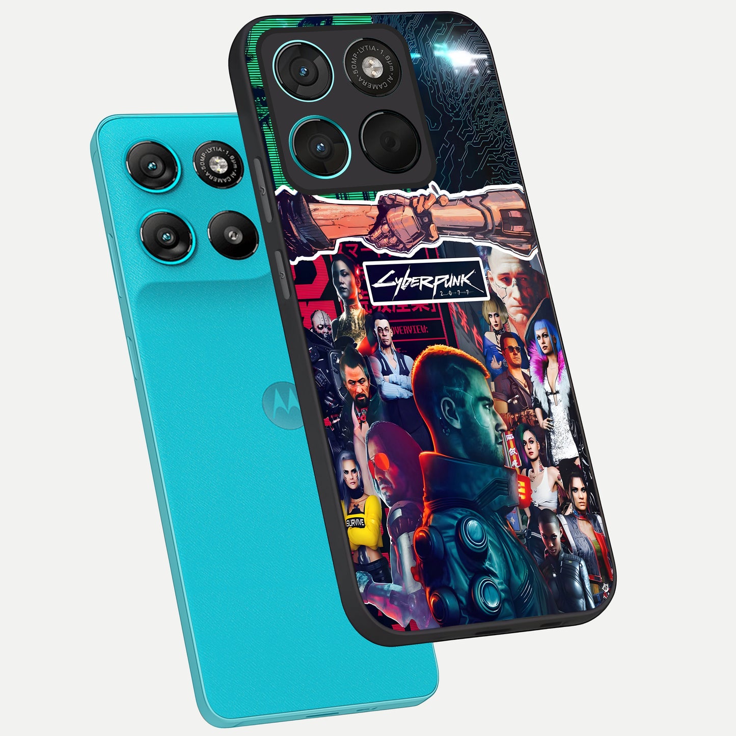  CYBERPUNK Legacy phone case For Moto G57 Power showing premium glass back cover with detailed artwork