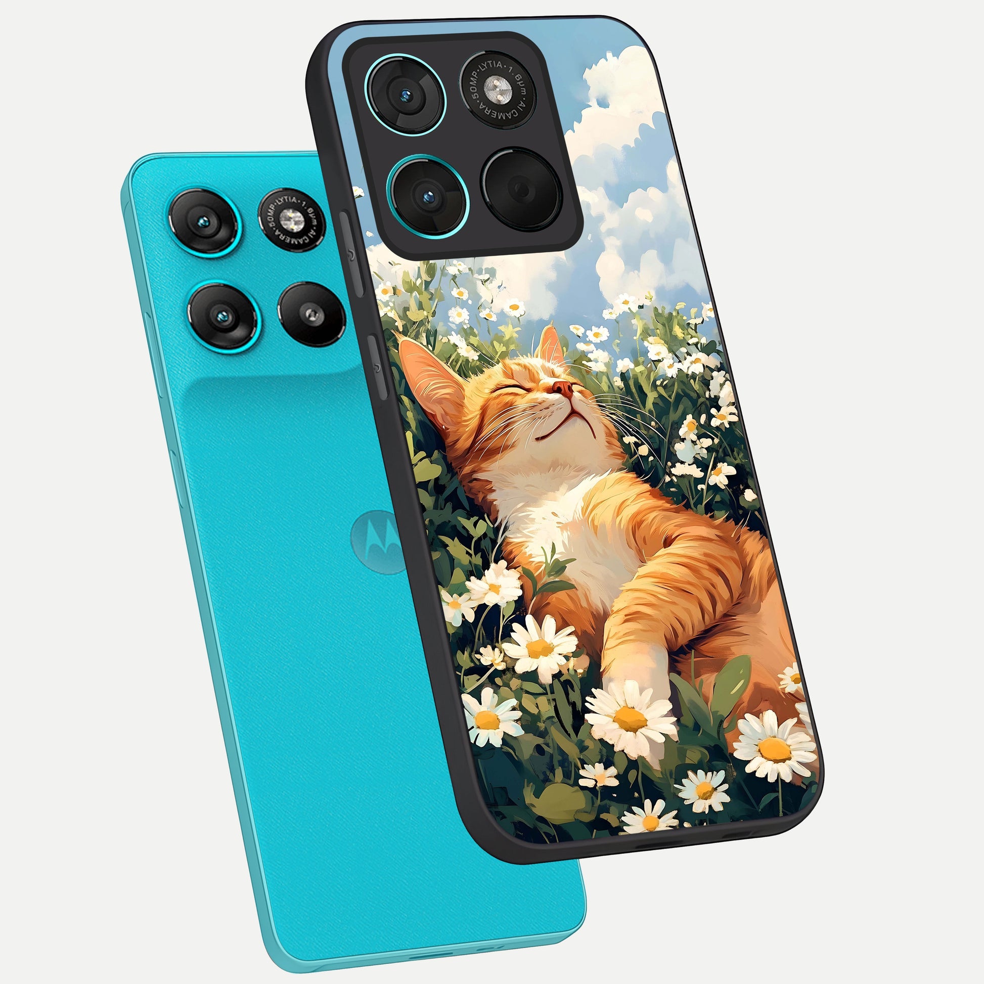  Cat And Flowers View phone case For Moto G57 Power showing premium glass back cover with detailed artwork