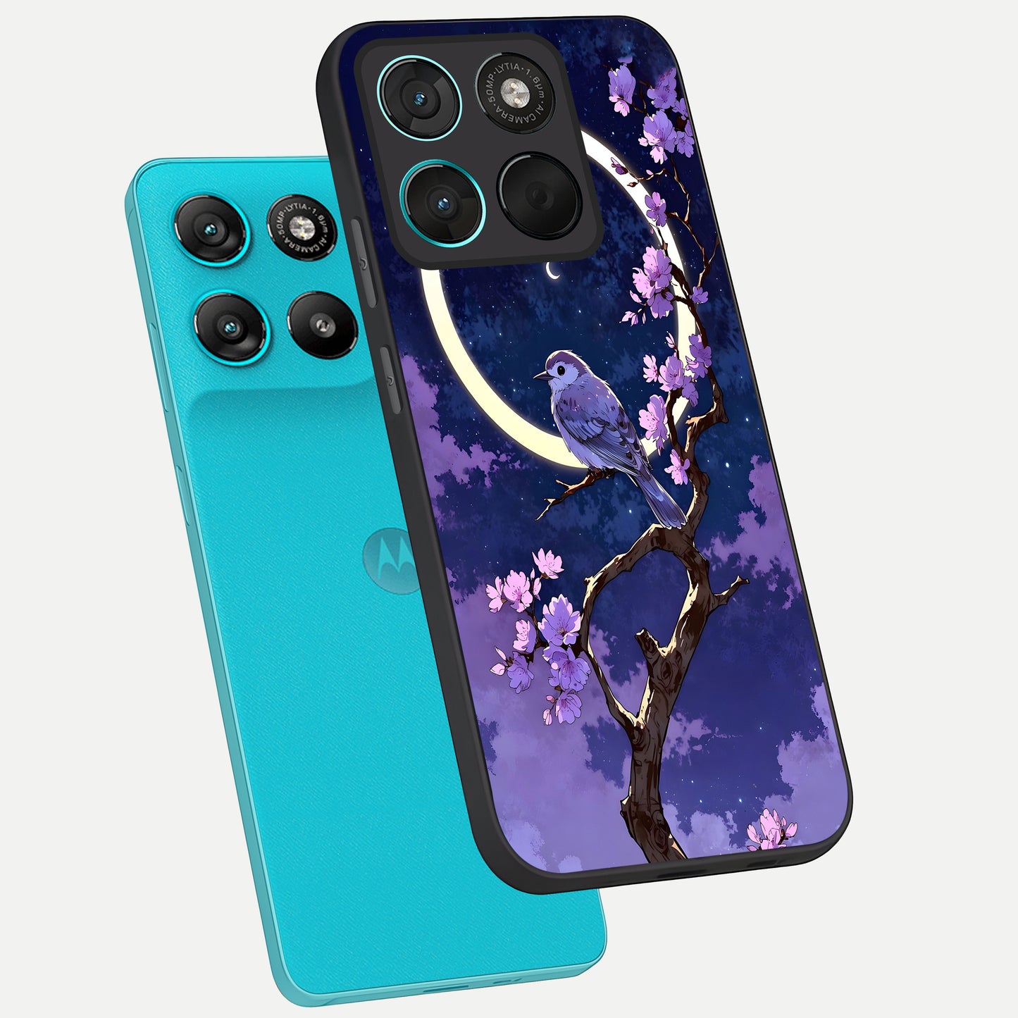  Celestial Bird Blossom phone case For Moto G57 Power showing premium glass back cover with detailed artwork