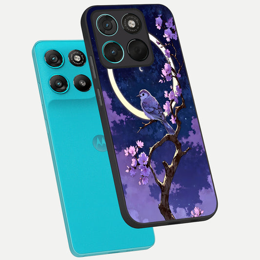  Celestial Bird Blossom phone case For Moto G57 Power showing premium glass back cover with detailed artwork