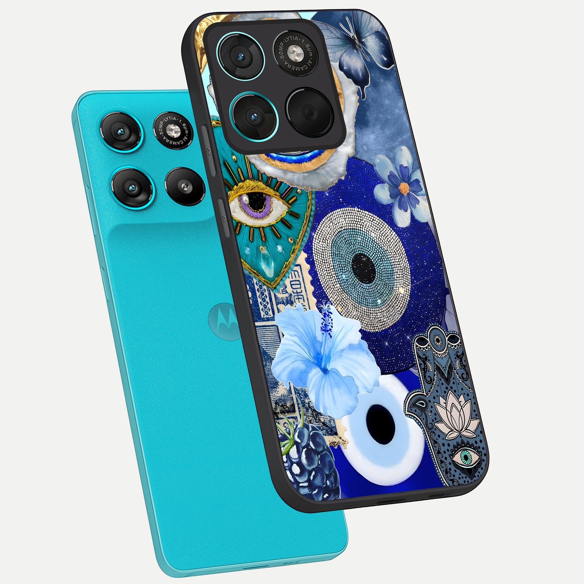  Celestial Blue Vision phone case For Moto G57 Power showing premium glass back cover with detailed artwork