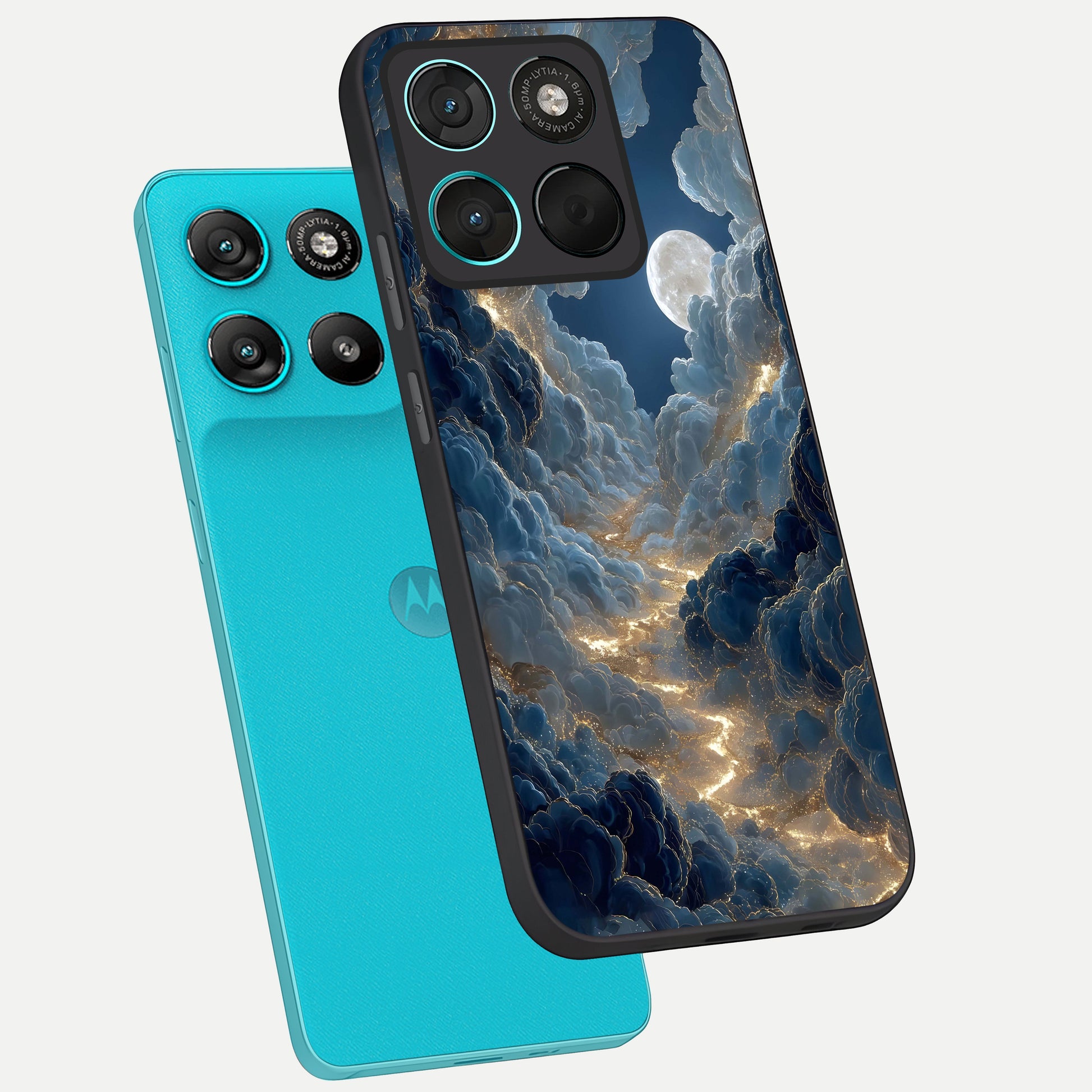  Celestial Cloud Road phone case For Moto G57 Power showing premium glass back cover with detailed artwork
