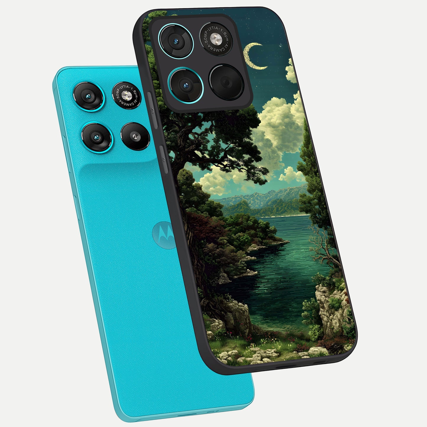  Celestial Lake Peace phone case For Moto G57 Power showing premium glass back cover with detailed artwork