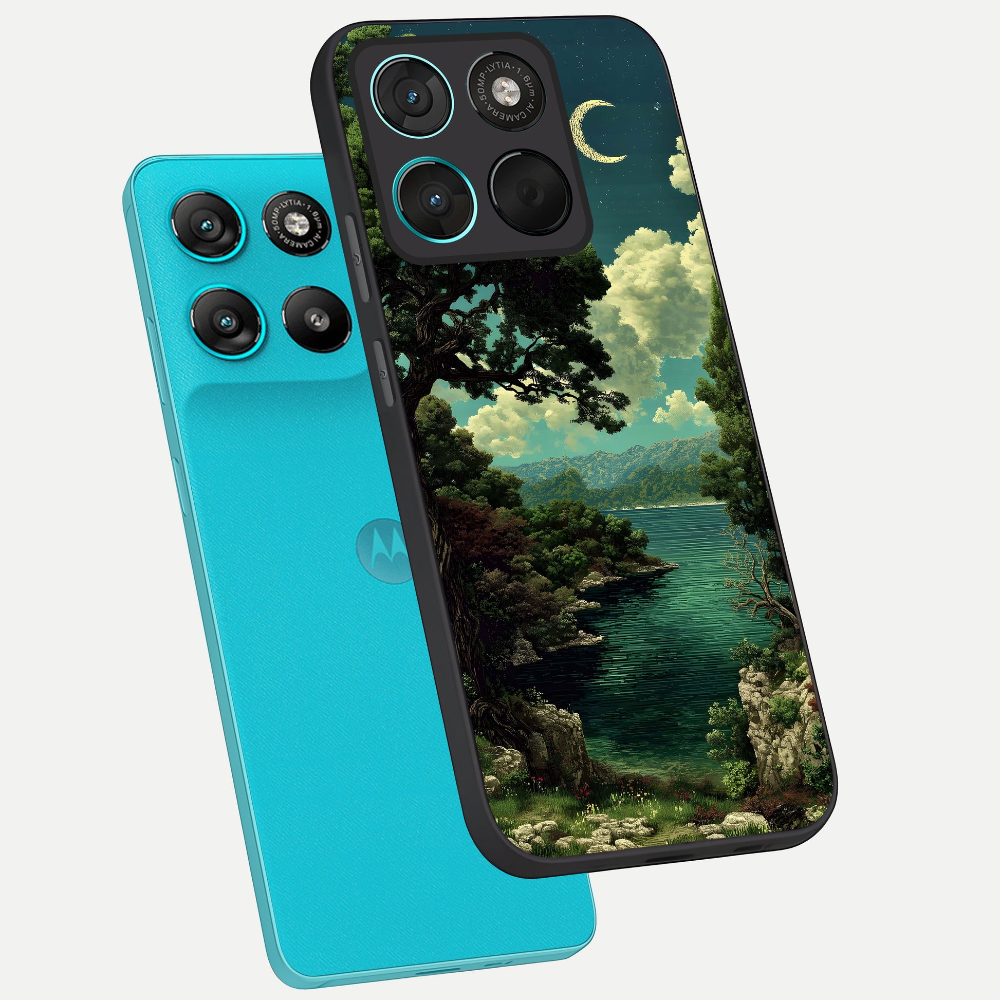  Celestial Lake Peace phone case For Moto G57 Power showing premium glass back cover with detailed artwork