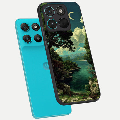  Celestial Lake Peace phone case For Moto G57 Power showing premium glass back cover with detailed artwork