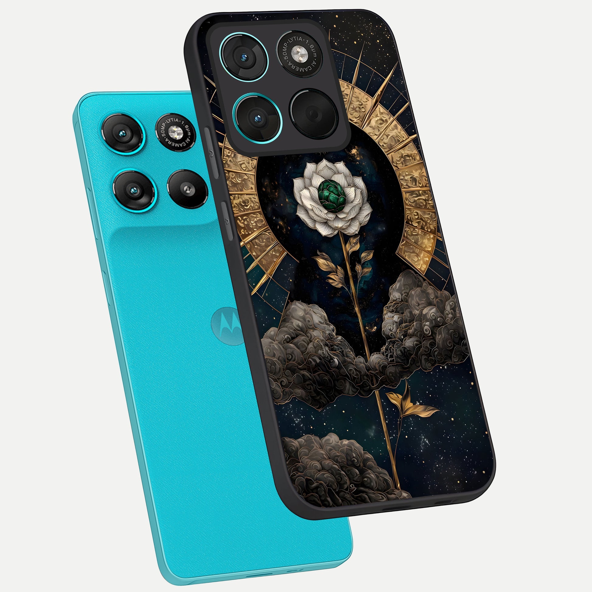  Celestial Lotus Morang phone case For Moto G57 Power showing premium glass back cover with detailed artwork