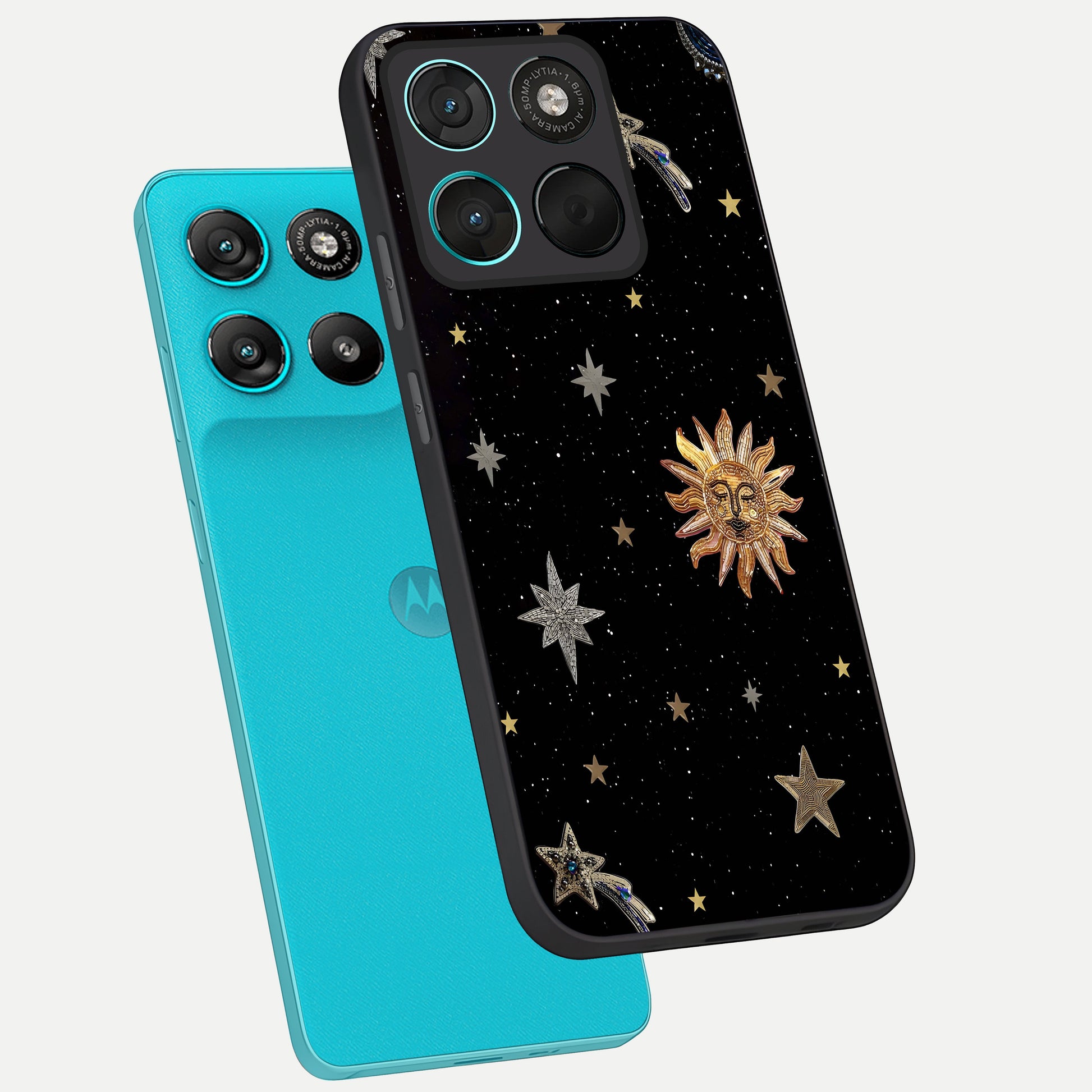  Celestial Moon With Stars phone case For Moto G57 Power showing premium glass back cover with detailed artwork