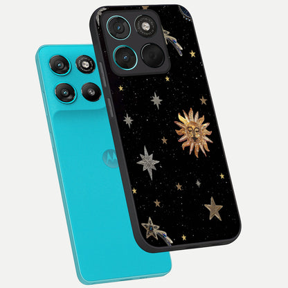  Celestial Moon With Stars phone case For Moto G57 Power showing premium glass back cover with detailed artwork