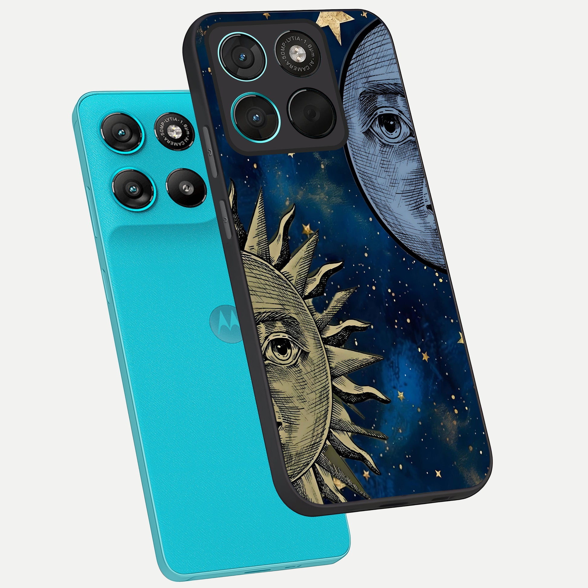  Celestial Moon With Sun phone case For Moto G57 Power showing premium glass back cover with detailed artwork