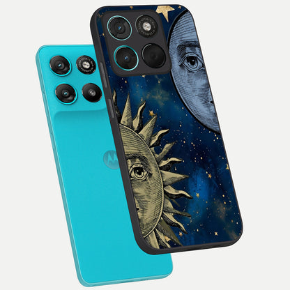  Celestial Moon With Sun phone case For Moto G57 Power showing premium glass back cover with detailed artwork