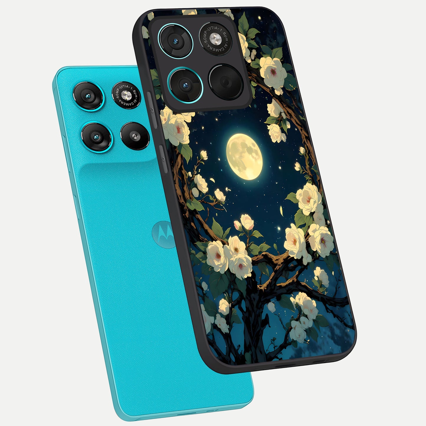  Celestial Moon And Flower phone case For Moto G57 Power showing premium glass back cover with detailed artwork