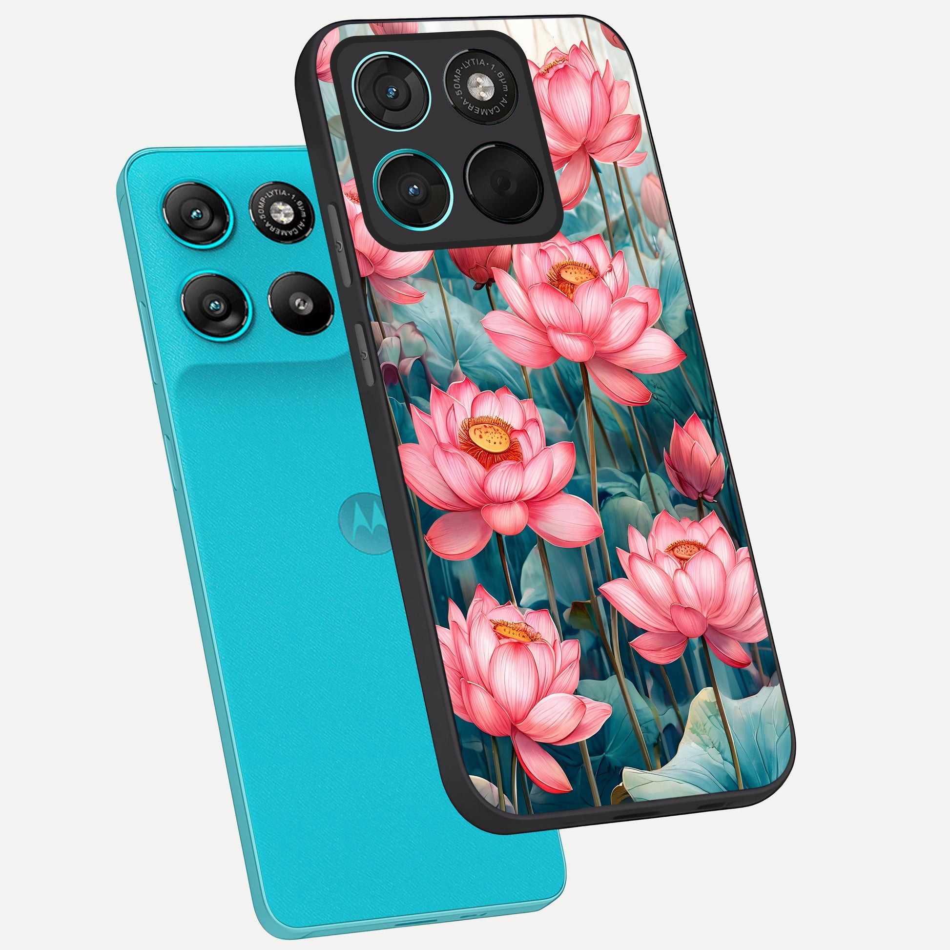  Celestial Pink Lotus phone case For Moto G57 Power showing premium glass back cover with detailed artwork