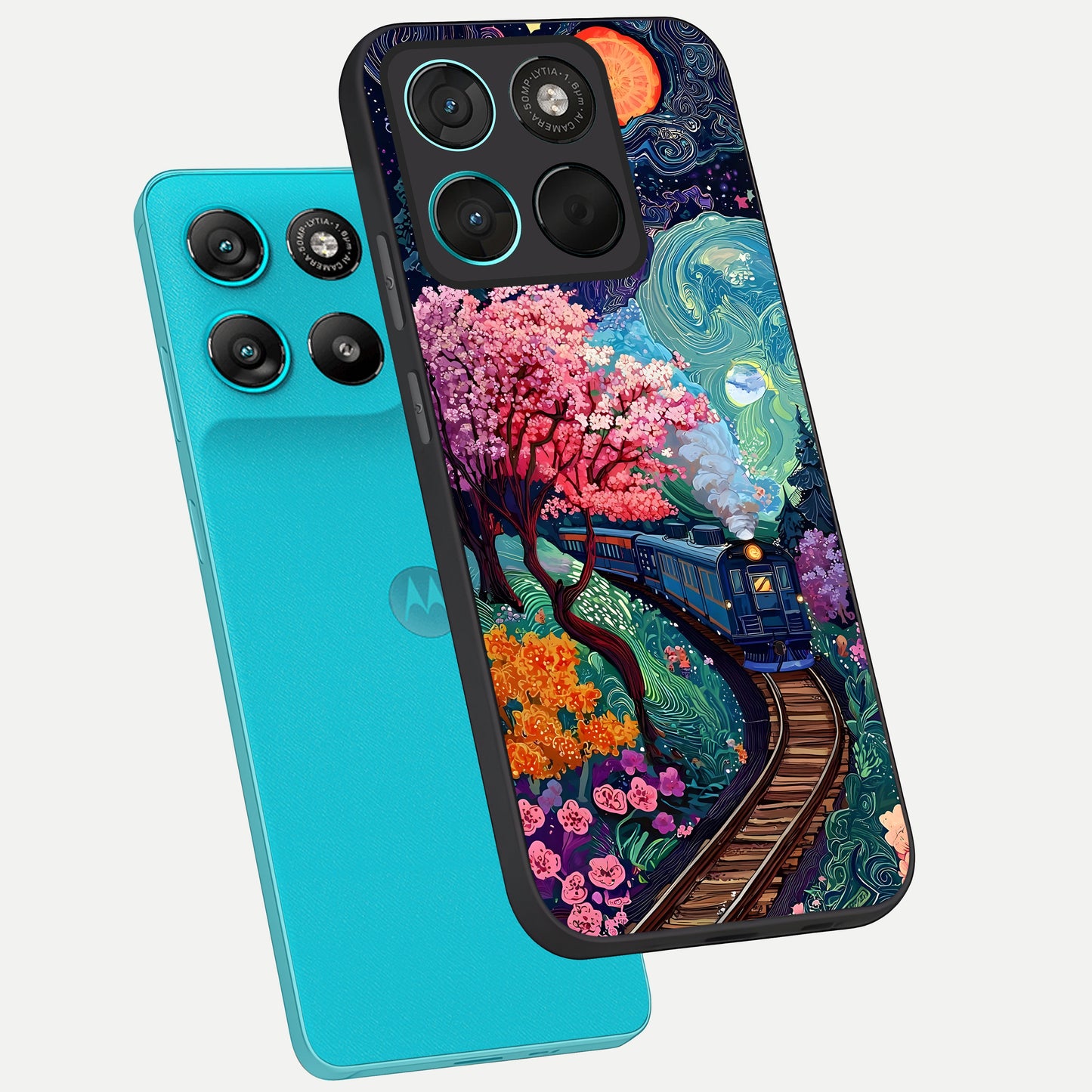  Celestial Train Journey phone case For Moto G57 Power showing premium glass back cover with detailed artwork