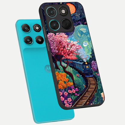  Celestial Train Journey phone case For Moto G57 Power showing premium glass back cover with detailed artwork