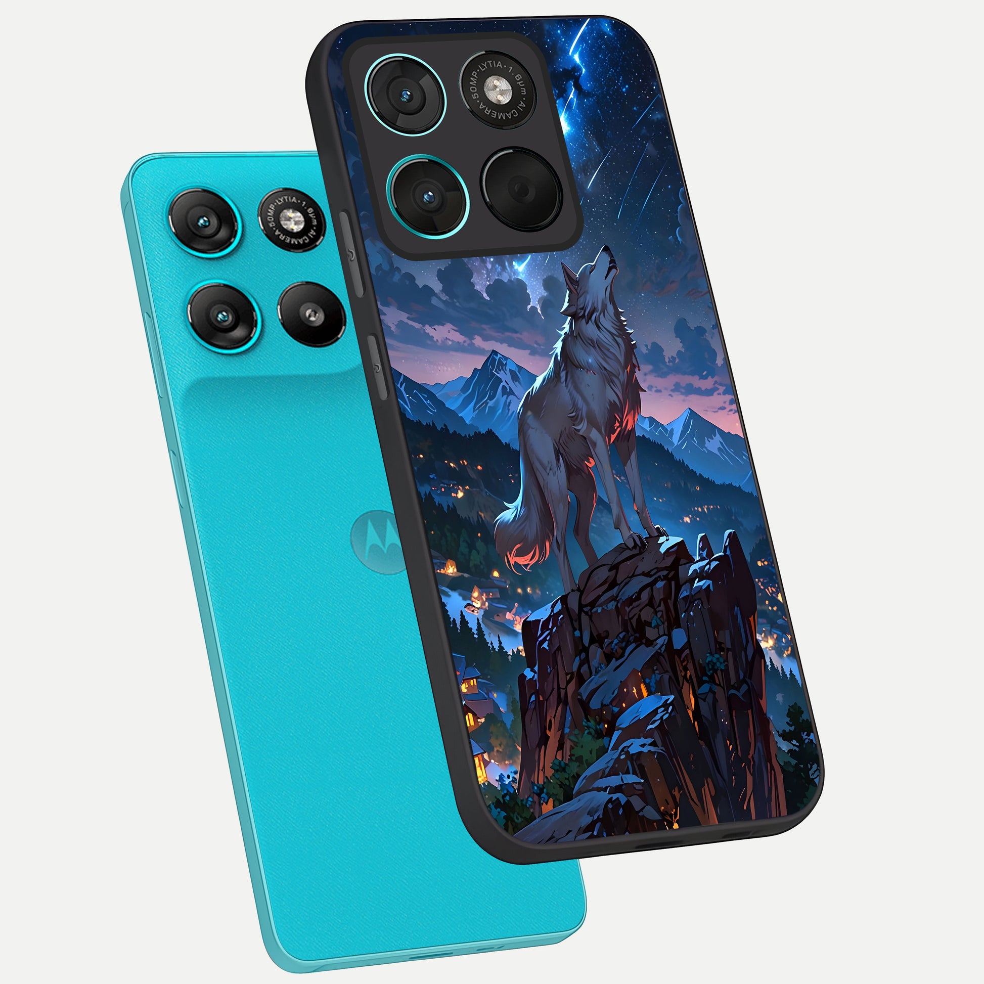  Celestial Wolf Howl phone case For Moto G57 Power showing premium glass back cover with detailed artwork