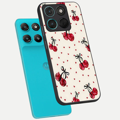  Cherry Heart Bow phone case For Moto G57 Power showing premium glass back cover with detailed artwork