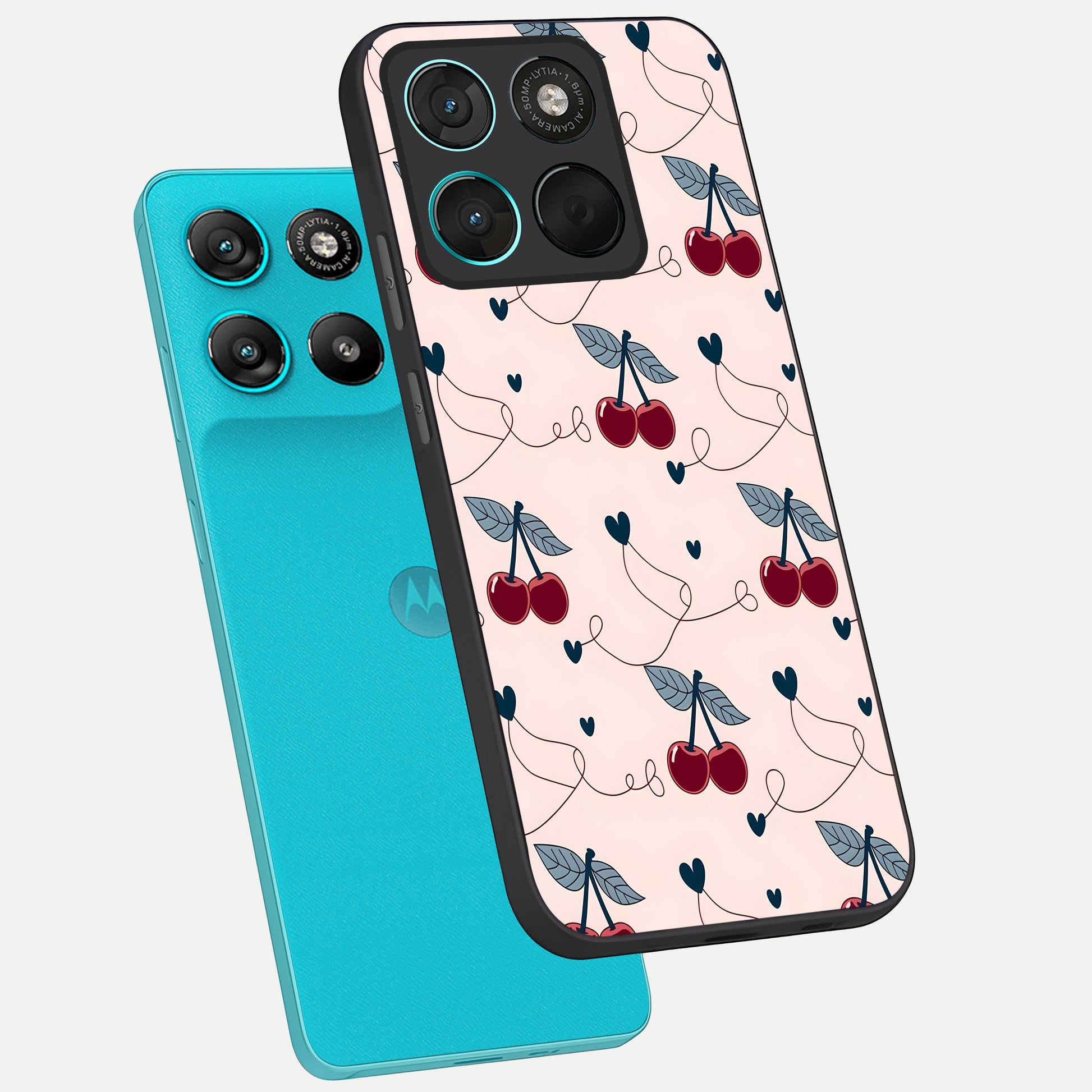  Cherry Heart Line phone case For Moto G57 Power showing premium glass back cover with detailed artwork