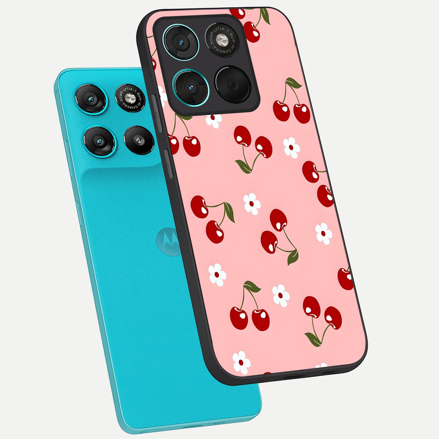  Cherry Love Mood phone case For Moto G57 Power showing premium glass back cover with detailed artwork