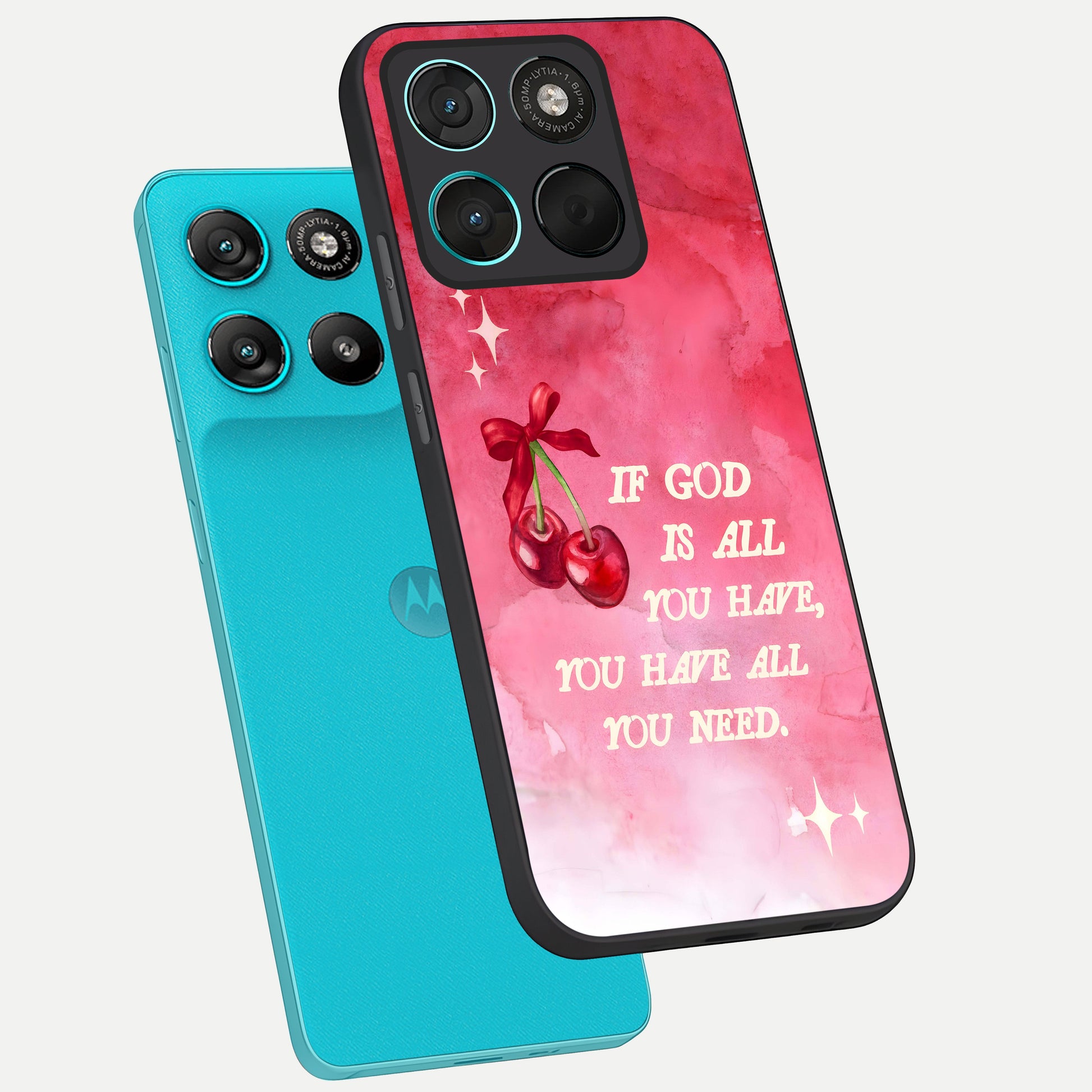  Cherry Quote phone case For Moto G57 Power showing premium glass back cover with detailed artwork