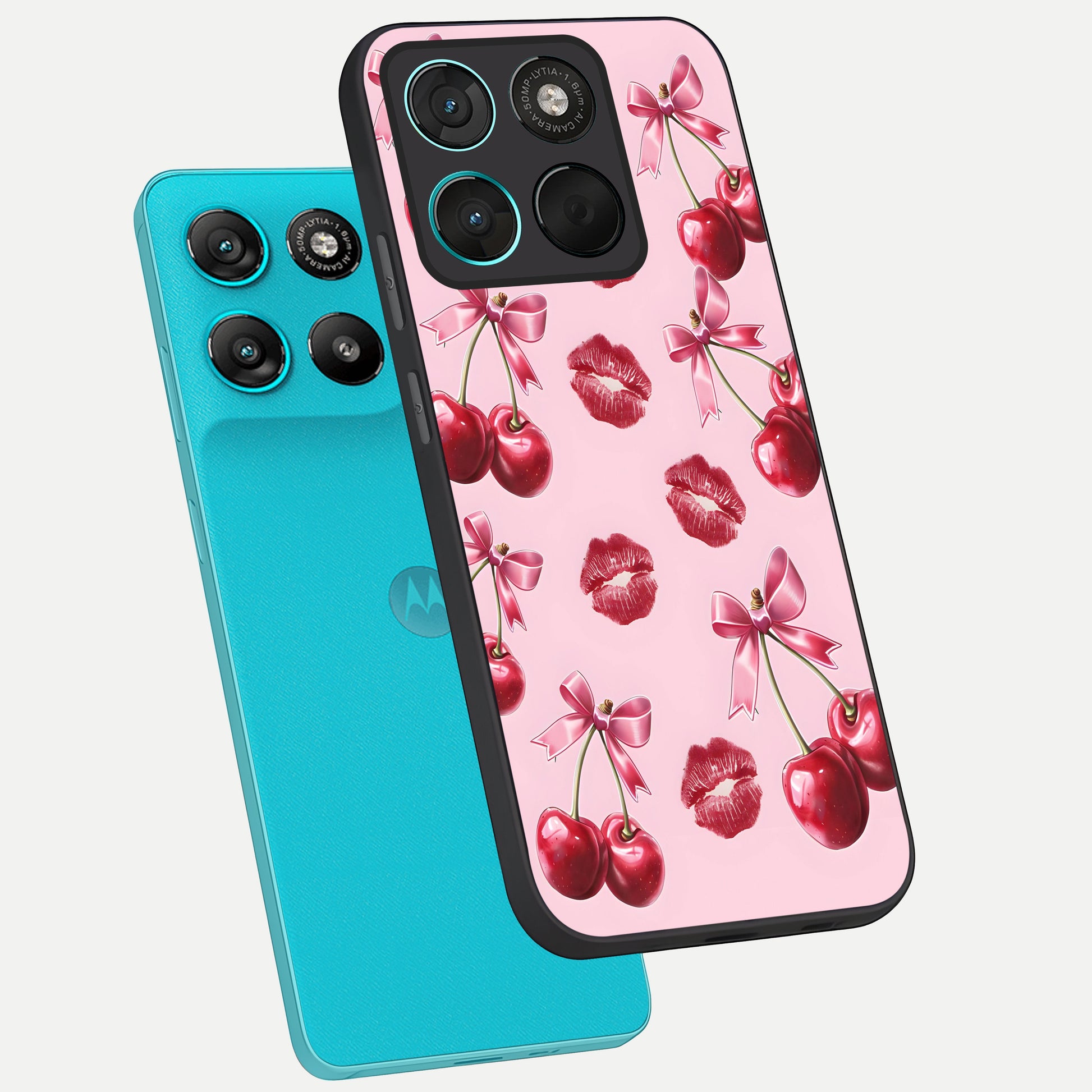  Cherry With Lips phone case For Moto G57 Power showing premium glass back cover with detailed artwork