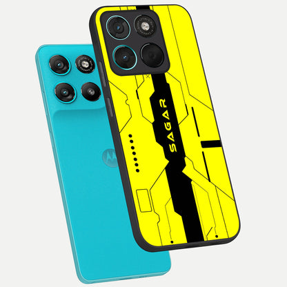  Circuit CYBERPUNK Custom Name phone case For Moto G57 Power showing premium glass back cover with detailed artwork