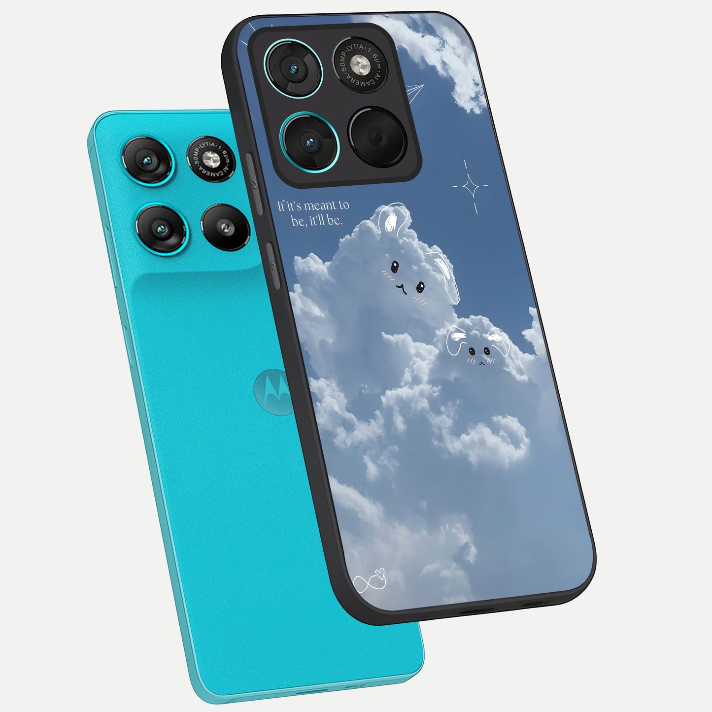  Cloud Bunny Dreams phone case For Moto G57 Power showing premium glass back cover with detailed artwork