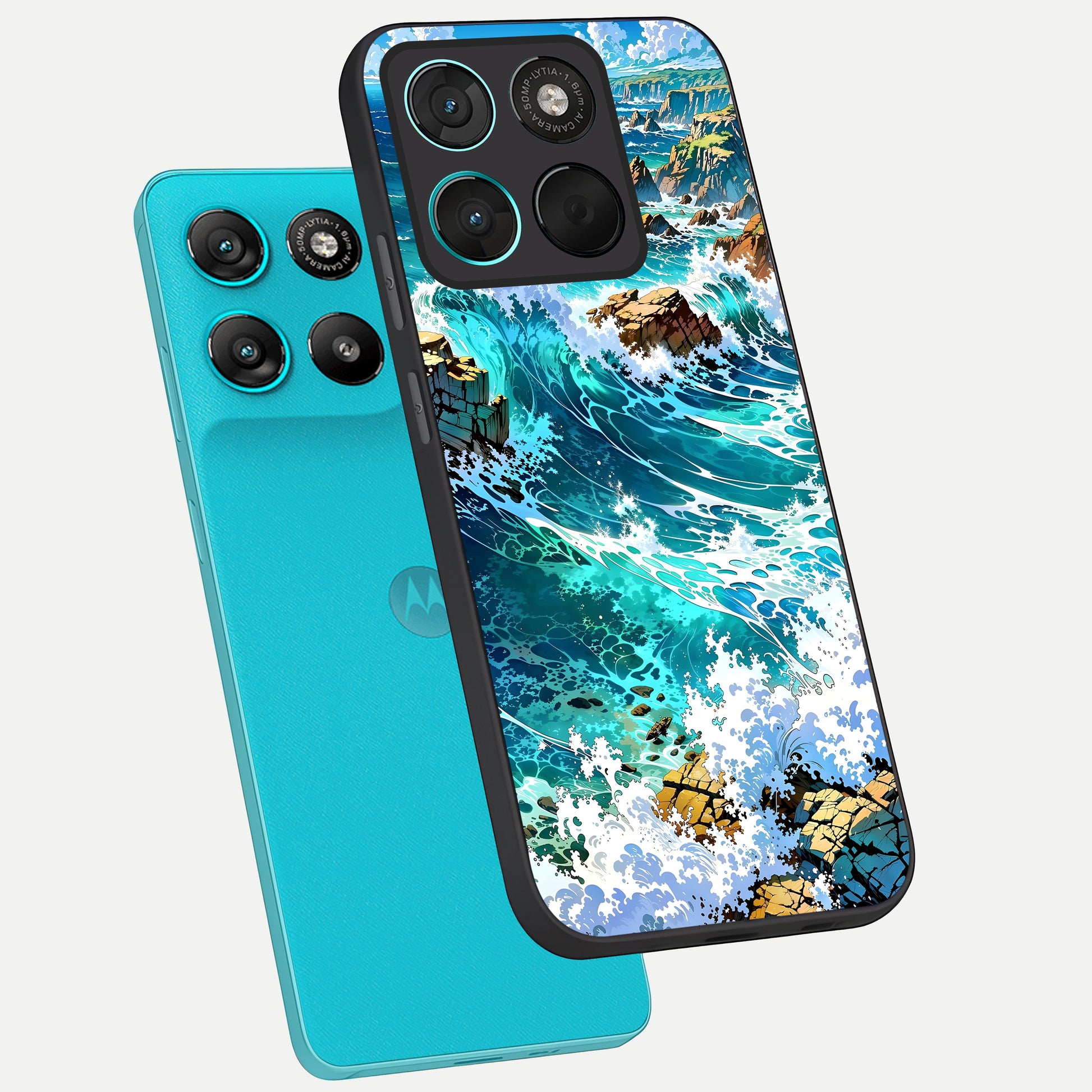  Coastal Blue Waves phone case For Moto G57 Power showing premium glass back cover with detailed artwork