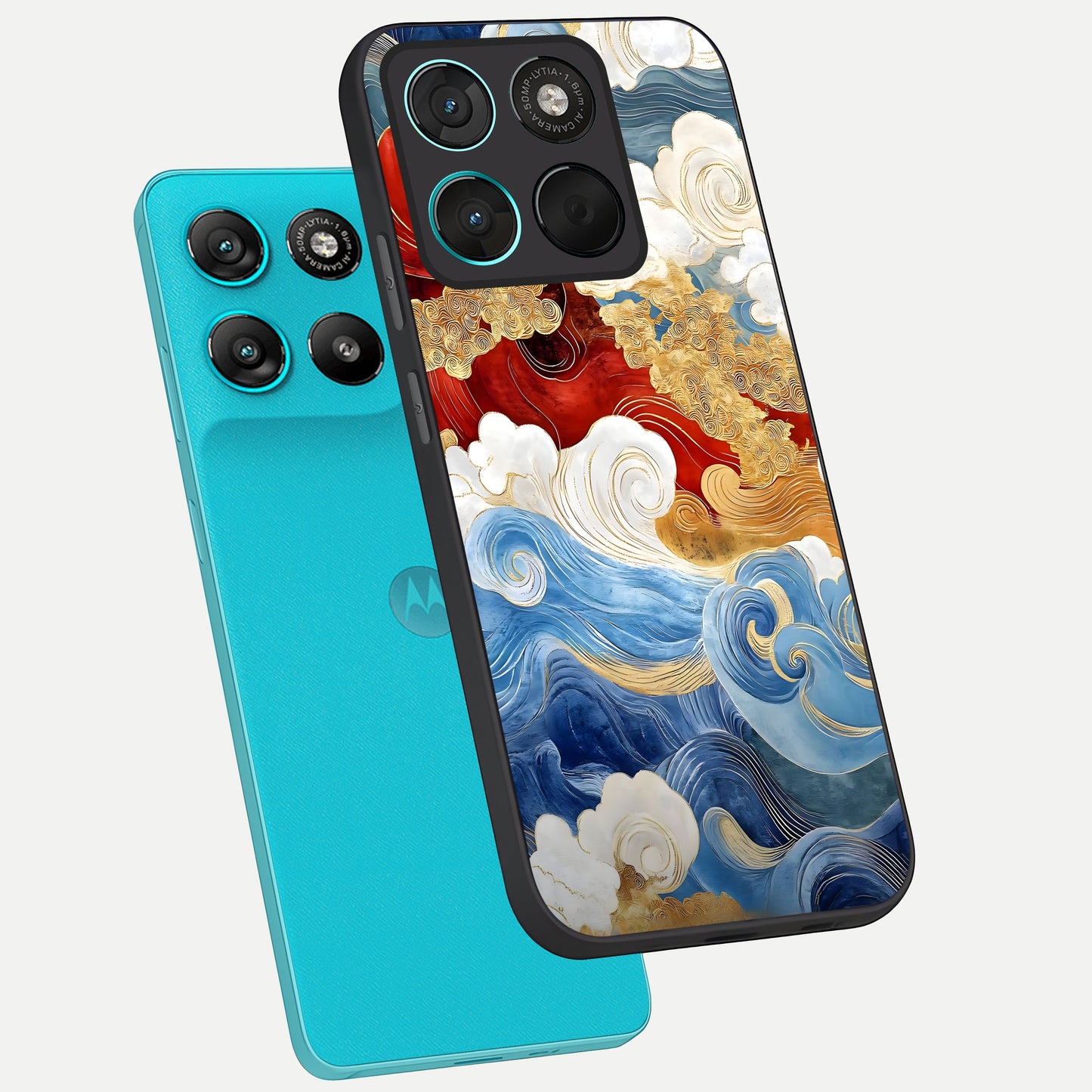  Colored Waves phone case For Moto G57 Power showing premium glass back cover with detailed artwork