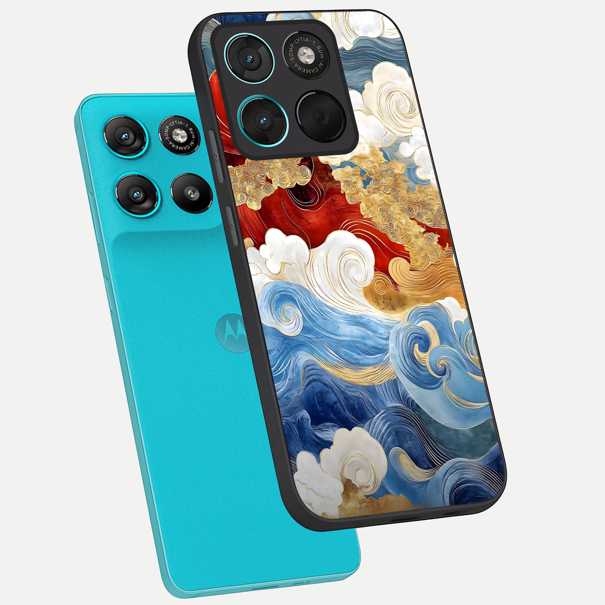  Colored Waves phone case For Moto G57 Power showing premium glass back cover with detailed artwork
