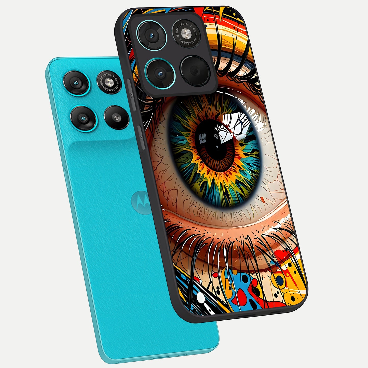  Colorful Eye phone case For Moto G57 Power showing premium glass back cover with detailed artwork