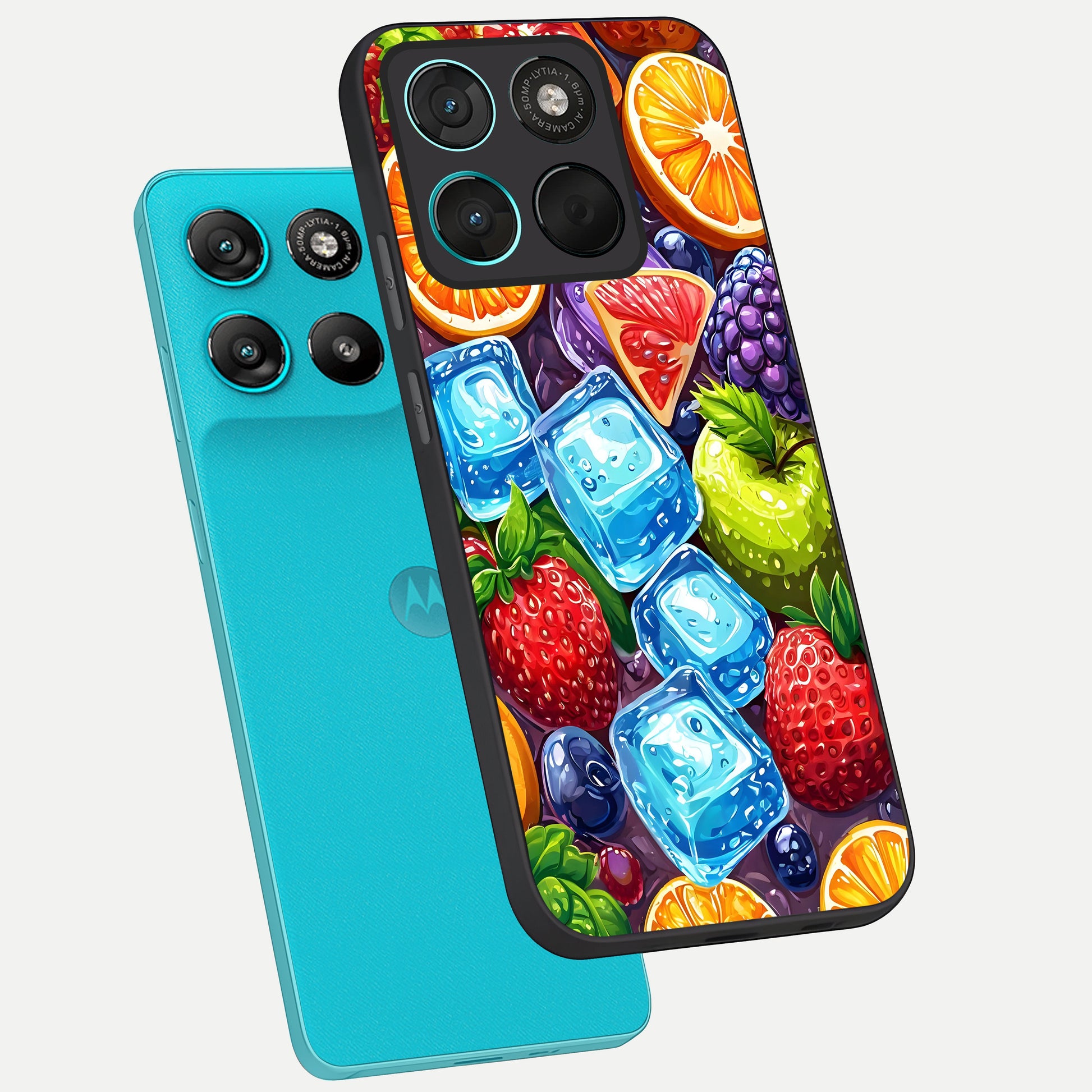  Colorful Fruits with Ice phone case For Moto G57 Power showing premium glass back cover with detailed artwork