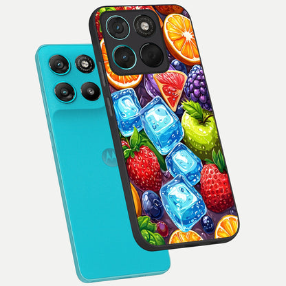  Colorful Fruits with Ice phone case For Moto G57 Power showing premium glass back cover with detailed artwork