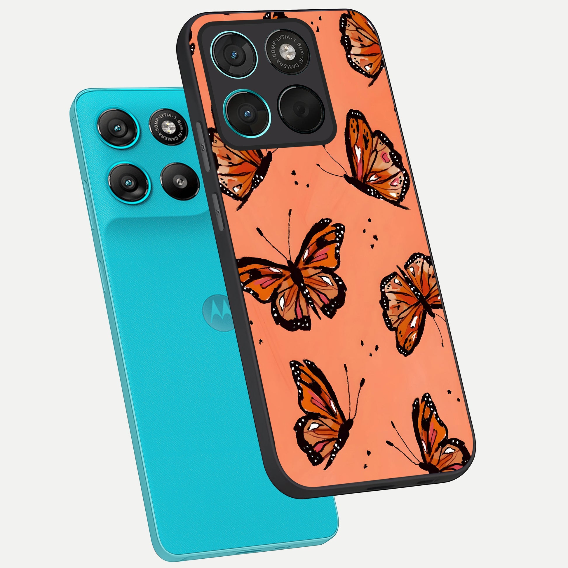  Coral Wing Butterfly phone case For Moto G57 Power showing premium glass back cover with detailed artwork