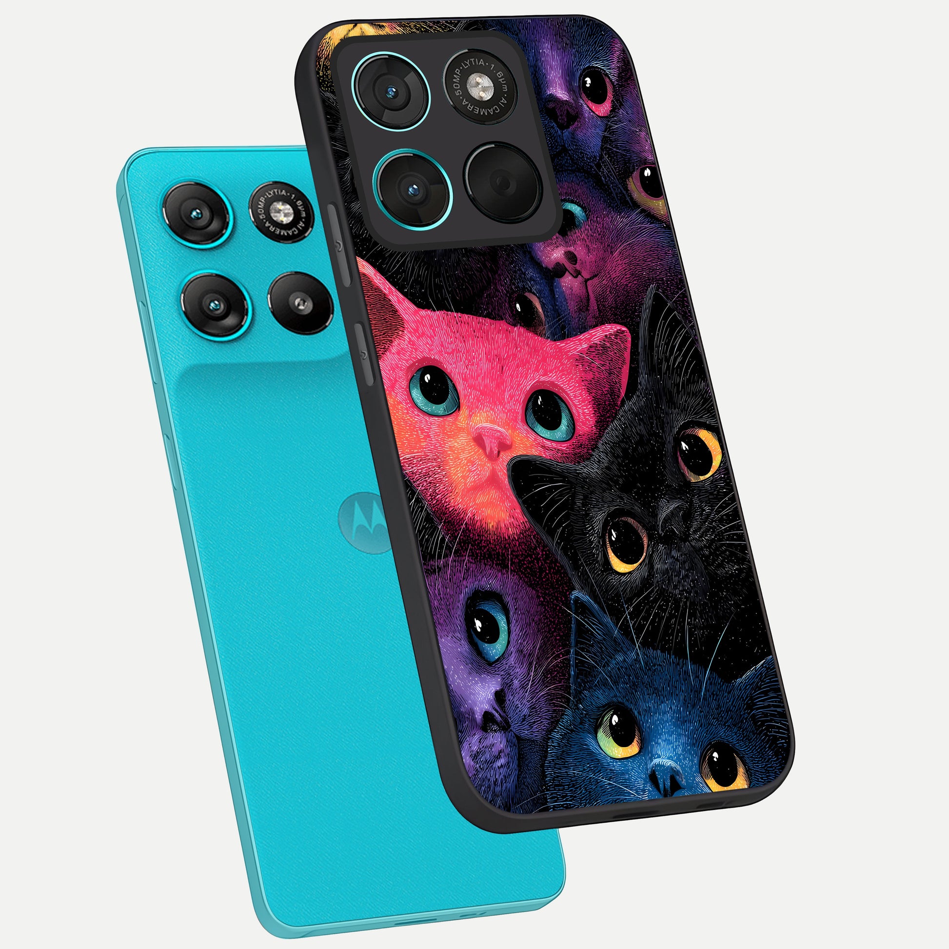  Cosmic Cats Dreams phone case For Moto G57 Power showing premium glass back cover with detailed artwork