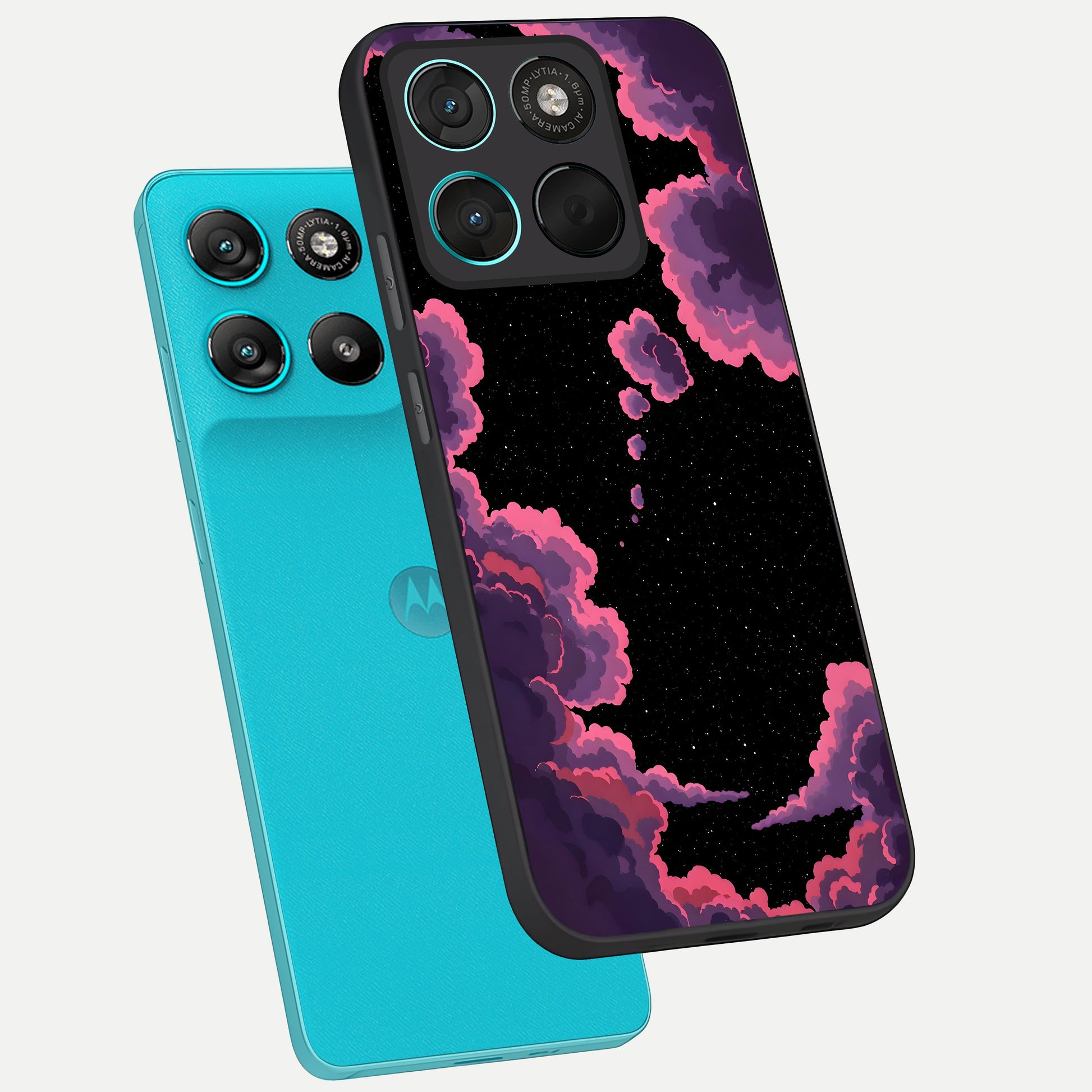  Cosmic Cloud Journey phone case For Moto G57 Power showing premium glass back cover with detailed artwork