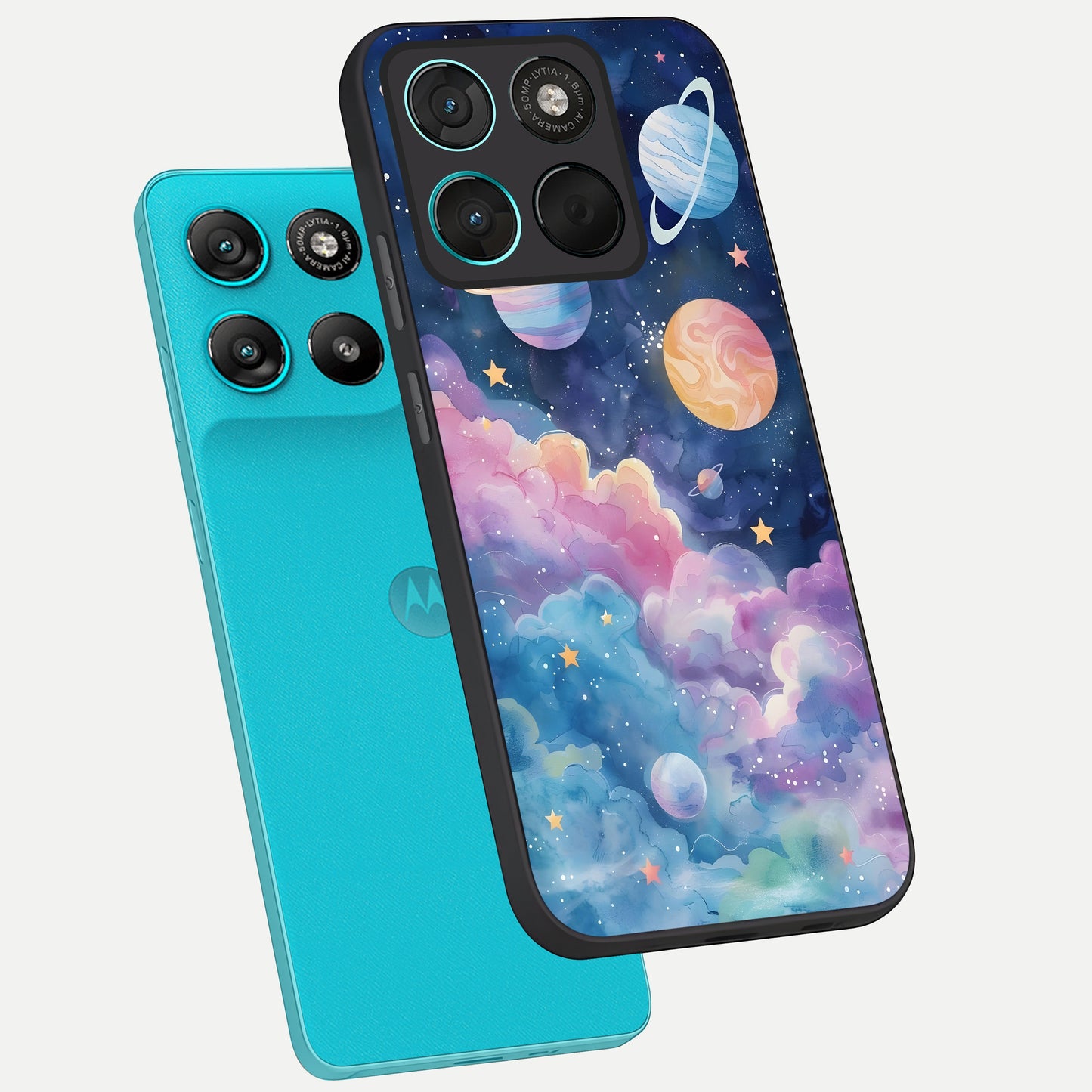  Cosmic Planet Dreams phone case For Moto G57 Power showing premium glass back cover with detailed artwork
