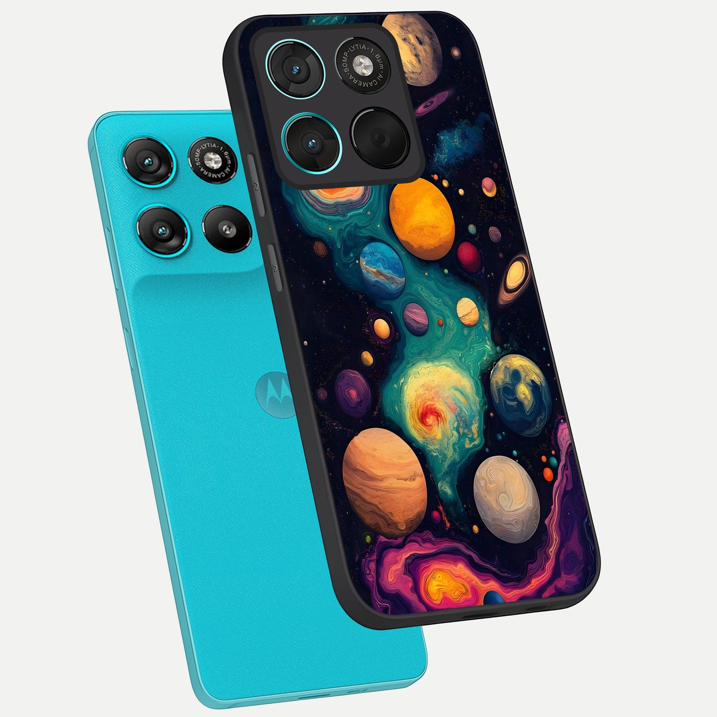  Cosmic Planet Journey phone case For Moto G57 Power showing premium glass back cover with detailed artwork