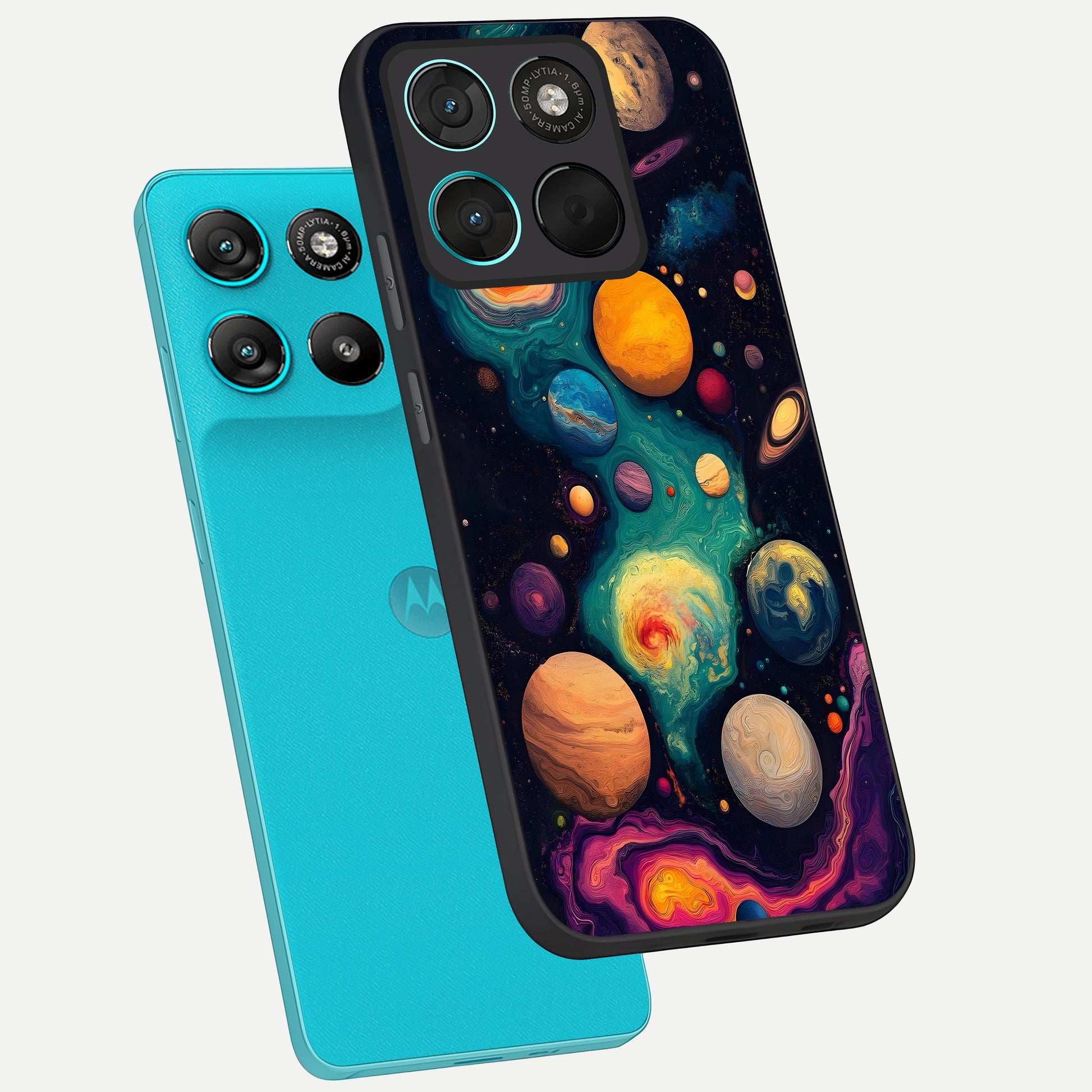  Cosmic Planet Journey phone case For Moto G57 Power showing premium glass back cover with detailed artwork