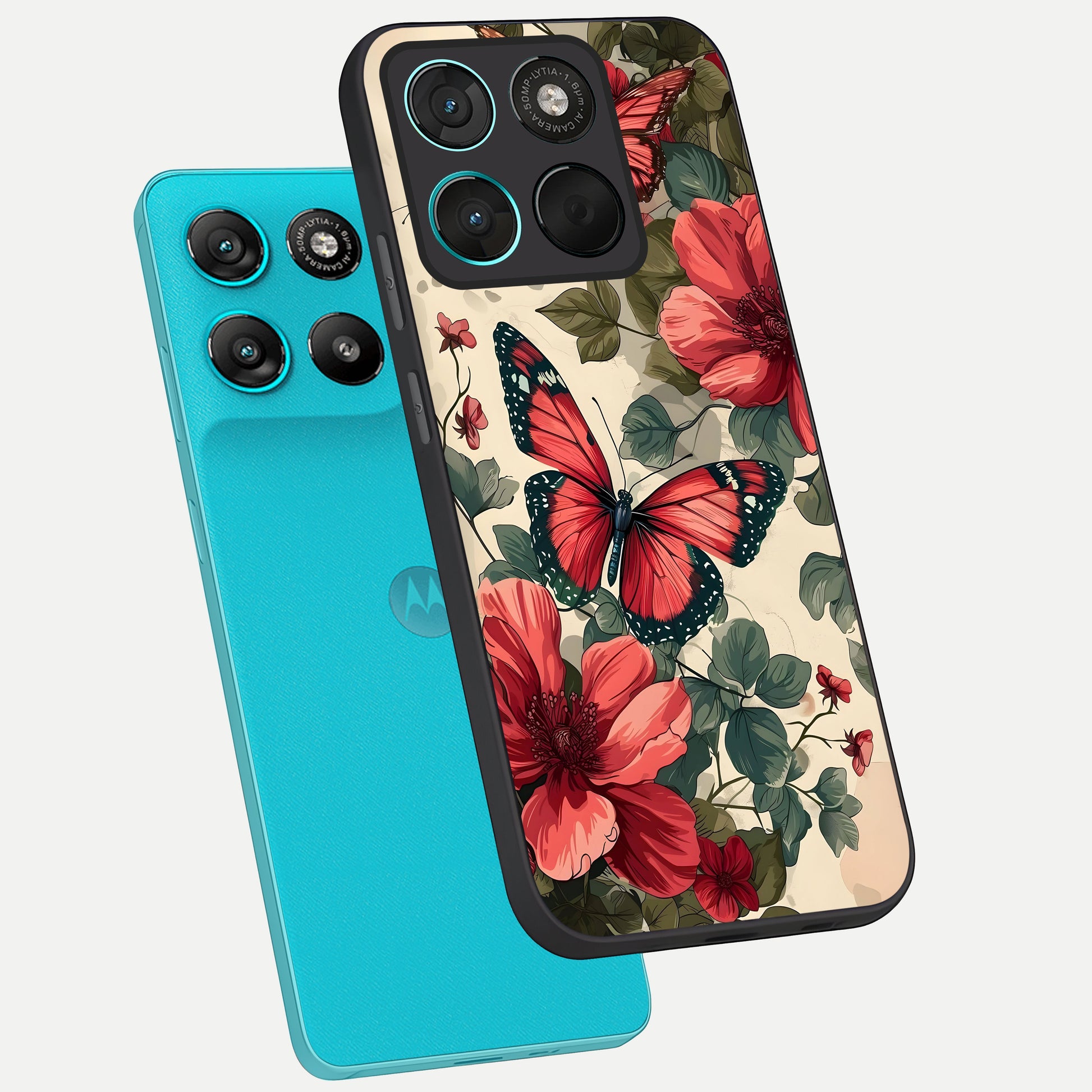  Crimson Butterfly Garden phone case For Moto G57 Power showing premium glass back cover with detailed artwork